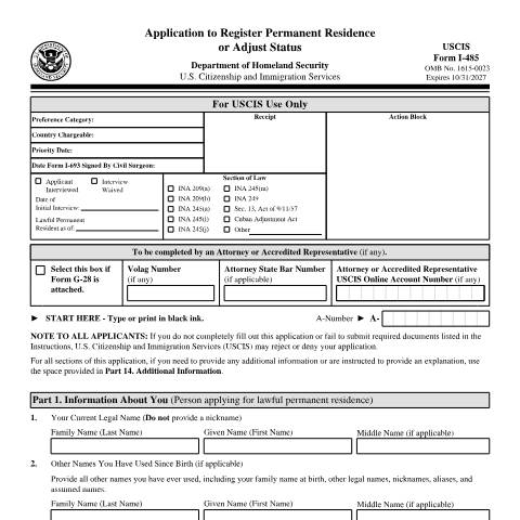 Document preview: USCIS Form I-485 — USCIS, United States (CERFA n°I-485)