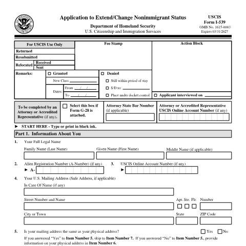 Document preview: USCIS Form I-539 — USCIS, United States (CERFA n°I-539)