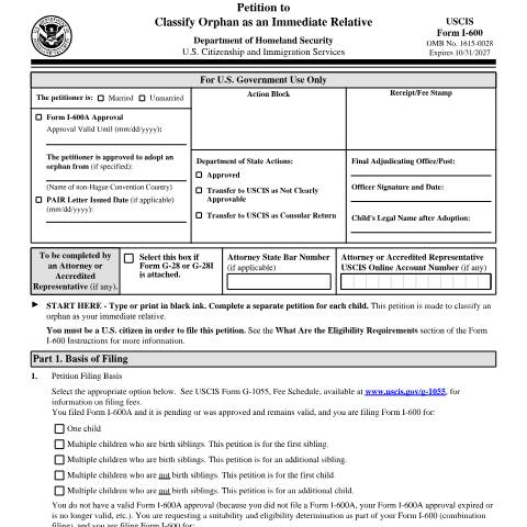 Document preview: USCIS Form I-600 — USCIS, United States (CERFA n°I-600)