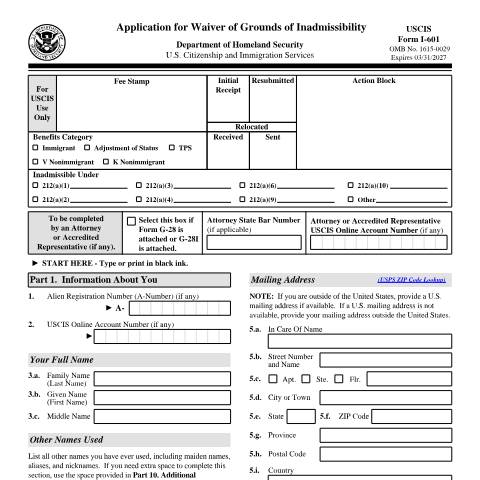 Document preview: USCIS Form I-601 — USCIS, United States (CERFA n°I-601)