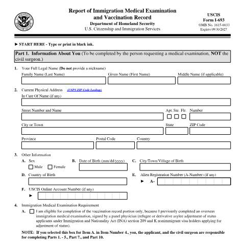 Document preview: USCIS Form I-693 — USCIS, United States (CERFA n°I-693)