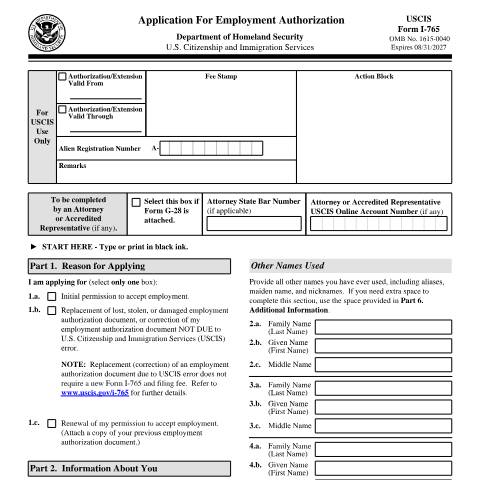 Document preview: USCIS Form I-765 — USCIS, United States (CERFA n°I-765)