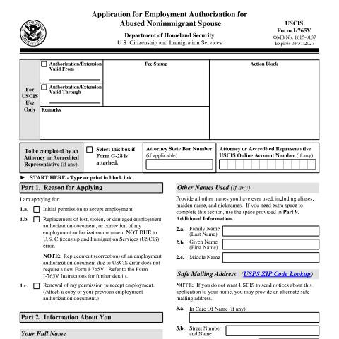 Document preview: USCIS Form I-765V — USCIS, United States (CERFA n°I-765V)