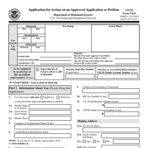 Document preview: USCIS Form I-824 — USCIS, United States (CERFA n°I-824)
