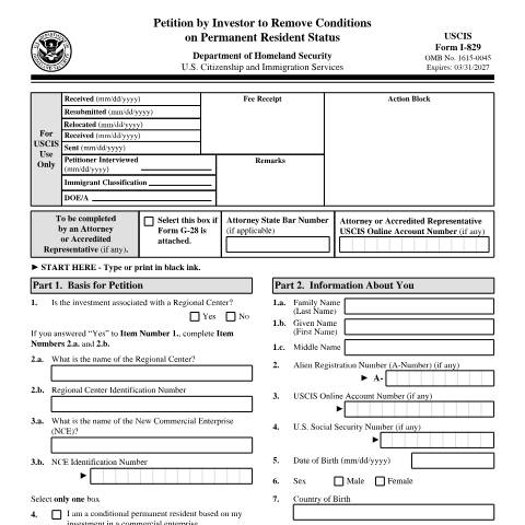 Document preview: USCIS Form I-829 — USCIS, United States (CERFA n°I-829)