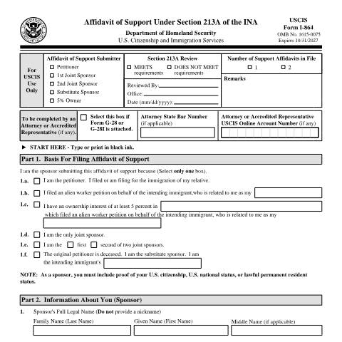 Document preview: USCIS Form I-864 — USCIS, United States (CERFA n°I-864)