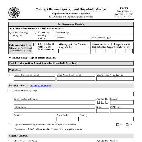 Document preview: USCIS Form I-864A — USCIS, United States (CERFA n°I-864A)