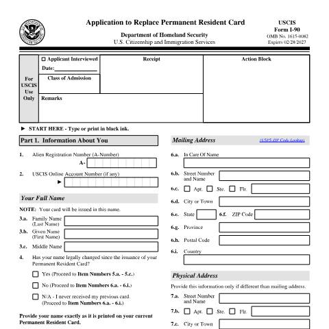Document preview: USCIS Form I-90 — USCIS, United States (CERFA n°I-90)