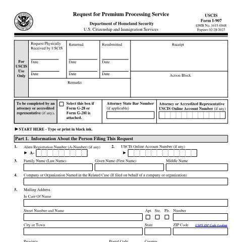 Document preview: USCIS Form I-907 — USCIS, United States (CERFA n°I-907)