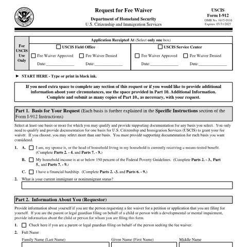 Document preview: USCIS Form I-912 — USCIS, United States (CERFA n°I-912)
