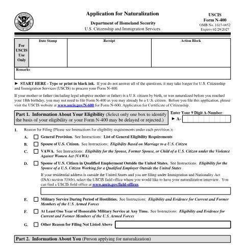 Document preview: USCIS Form N-400 — USCIS, United States (CERFA n°N-400)