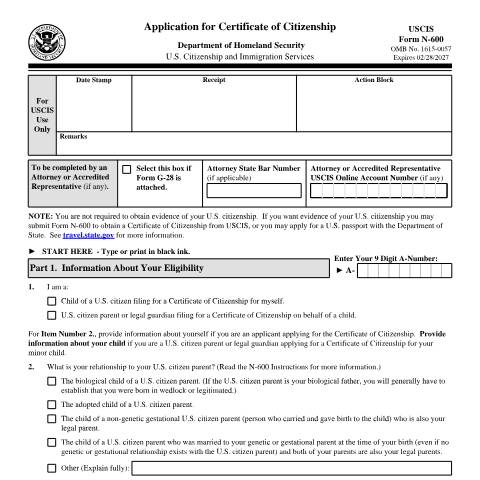 Document preview: USCIS Form N-600 — USCIS, United States (CERFA n°N-600)