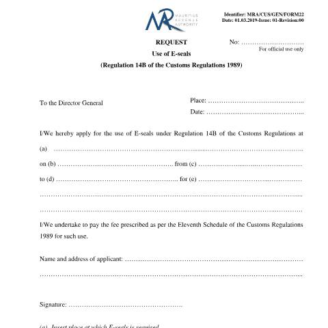 Document preview: Request - Use of E-seals (Regulation 14B of the Customs Regulations 1989) — Regulation / Order, Mauritius (CERFA n°RequestEseals)
