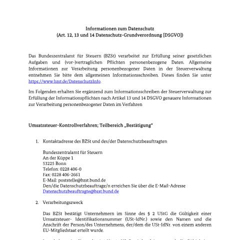 Dokumentvorschau: USt_Kontrollverfahren_Teilbereich_Bestaetigung — BZSt/Informationen_zum_Datenschutz, Deutschland (CERFA n°USt_Kontrollverfahren_Teilbereich_Bestaetigung)