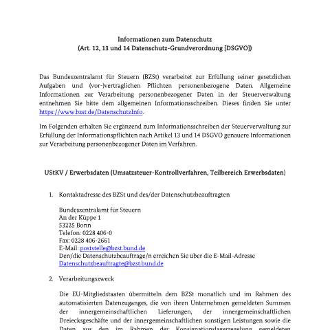 Dokumentvorschau: USt-Kontrollverfahren_Teilbereich_Erwerbsdaten — BZSt/Informationen_zum_Datenschutz, Deutschland (CERFA n°USt-Kontrollverfahren_Teilbereich_Erwerbsdaten)