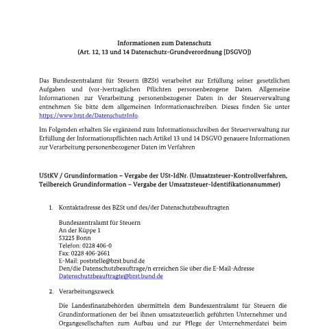 Dokumentvorschau: USt_Kontrollverfahren_Teilbereich_Grundinformationen — BZSt/Informationen_zum_Datenschutz, Deutschland (CERFA n°USt_Kontrollverfahren_Teilbereich_Grundinformationen)