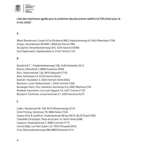 Aperçu du document Notes et reçus des hôteliers, restaurateurs et entreprises de lavage de voitures (PDF, 97.66 Ko) — Imprimeurs agréés, Belgique (CERFA n°152-imprimeurs-agrees-tva-20260201)