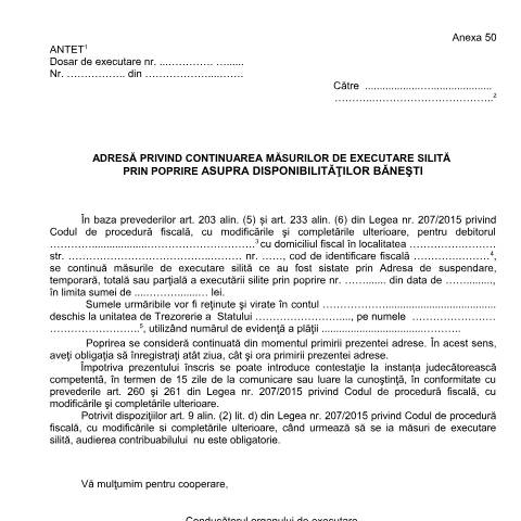 Document preview: Adresă privind continuarea măsurilor de executare silită prin poprire asupra disponibilităților bănești (OPANAF 63/2017) — Documente emise, România (CERFA n°A50_OPANAF_63_2017)