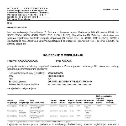 Document preview: UVJERENJE O OSIGURANJU — Obrazac | Fizičko lice - građanin | Jedinstveni sistem, Bosna i Hercegovina (CERFA n°JS 3610)