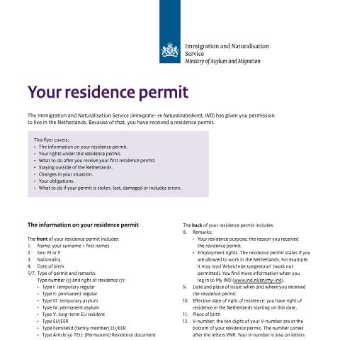 Documentvoorvertoning: Your residence permit — IND — immigratie, Nederland (CERFA n°1331)