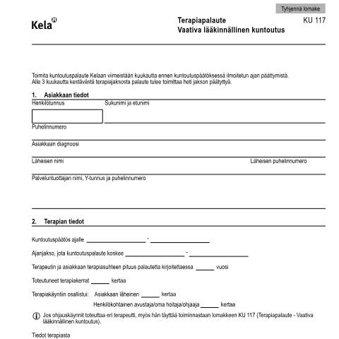 Document preview: Terapiapalaute - Vaativa lääkinnällinen kuntoutus — Kumppanit, Suomi (CERFA n°Kela KU 117)