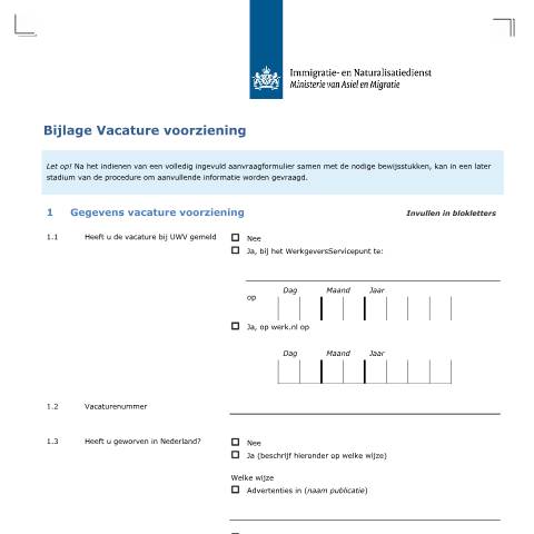 Documentvoorvertoning: Bijlage Vacature voorziening — IND — immigratie, Nederland (CERFA n°7137)