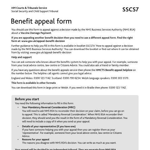 Document preview: Appeal against a decision about a vaccine damages claim: Form SSCS7 — HM Courts & Tribunals Service, United Kingdom