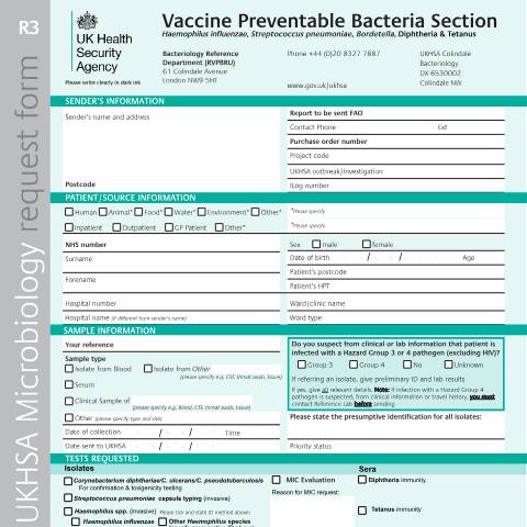 Document preview: Vaccine preventable bacteria section request form — UK Health Security Agency, United Kingdom