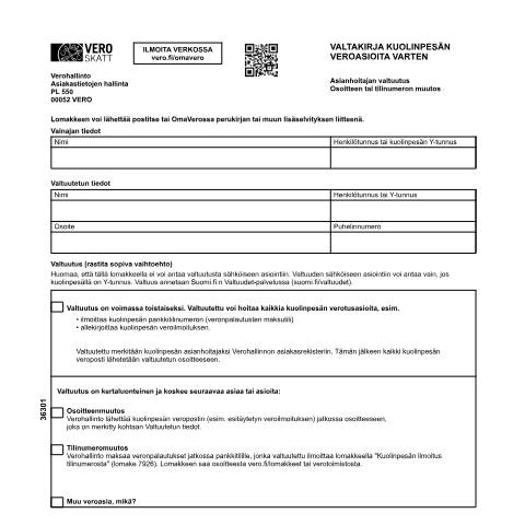 Document preview: Valtakirja kuolinpesän veroasioita varten (3630) — Valtakirja kuolinpesän veroasioita varten (3630), Suomi (CERFA n°Vero 3630)