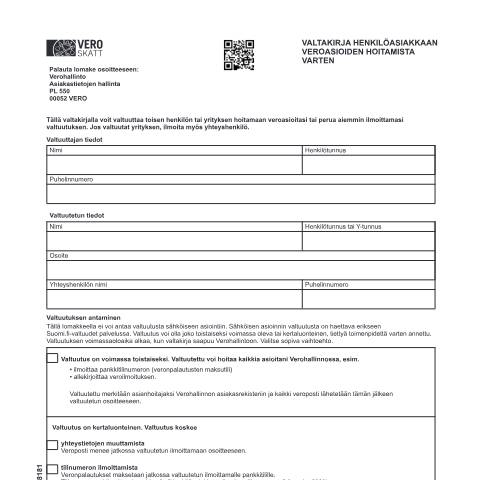 Document preview: Valtakirja henkilöasiakkaan veroasioiden hoitamista varten (3818) — Valtakirja veroasioiden hoitamista varten (3818), Suomi (CERFA n°Vero 3818)