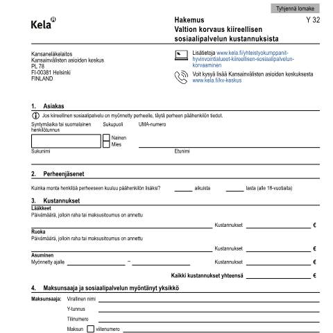 Document preview: Hakemus - Valtion korvaus kiireellisen sosiaalipalvelun kustannuksista — Kumppanit, Suomi (CERFA n°Kela Y 32)