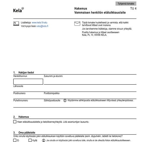 Document preview: Hakemus - Vammaisen henkilön etätulkkauslaite — Vammaistuet, Suomi (CERFA n°Kela TU 4)