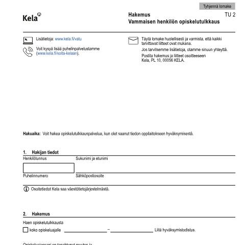 Document preview: Hakemus - Vammaisen henkilön opiskelutulkkaus — Vammaistuet, Suomi (CERFA n°Kela TU 2)