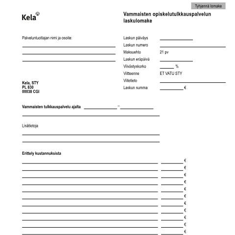 Document preview: Vammaisten opiskelutulkkauspalvelun laskulomake — Vammaistuet, Suomi (CERFA n°Kela TU 54)