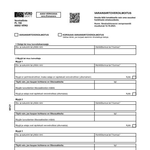 Document preview: Varainsiirtoveroilmoitus (6012) — Varainsiirtoveroilmoitus (6012), Suomi (CERFA n°Vero 6012)