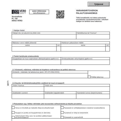 Document preview: Varainsiirtoveron palautushakemus (6017) — Varainsiirtoveron palautushakemus (6017), Suomi (CERFA n°Vero 6017)