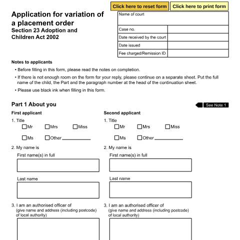 Document preview: Application for variation of a placement order (Section 23 Adoption and Children Act 2002): Form A51 — HM Courts & Tribunals Service, United Kingdom