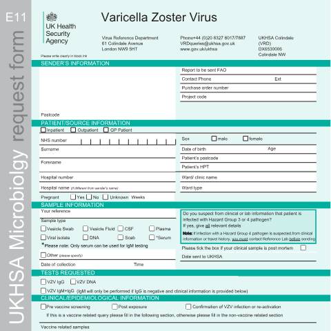 Document preview: Varicella zoster virus referral form — UK Health Security Agency, United Kingdom