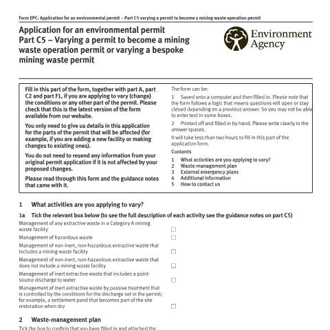 Document preview: Application for an environmental permit: part C5 vary a permit to a mining waste permit or vary a bespoke mining waste permit — Environment Agency, United Kingdom