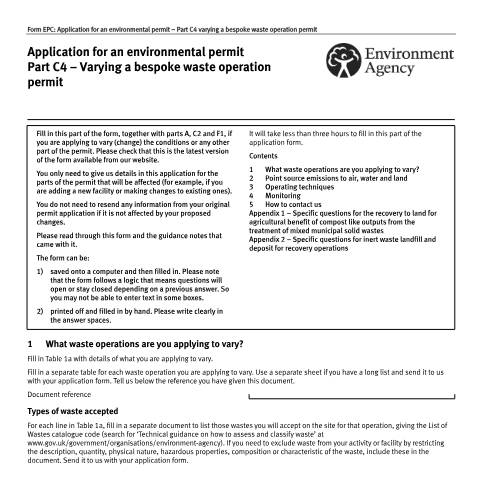 Document preview: Application for an environmental permit Part C4 – Varying a bespoke waste operation permit — Environment Agency, United Kingdom