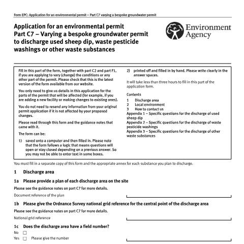 Document preview: Application for an environmental permit: part C7 vary a bespoke groundwater permit — Environment Agency, United Kingdom