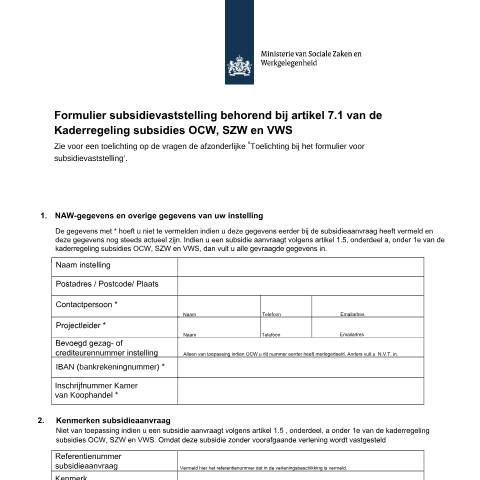 Documentvoorvertoning: Formulier vaststelling SZW-subsidie - kaderregeling OCW, SZW en VWS — Overig, Nederland