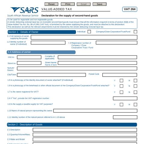 Document preview: VAT 264 declaration for the supply of second hand goods external form — PDF Forms, South Africa