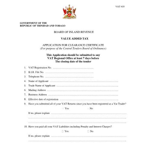 Document preview: [VAT 610] VAT Application for Clearance Certificate — Form, Trinidad & Tobago (CERFA n°VAT610)