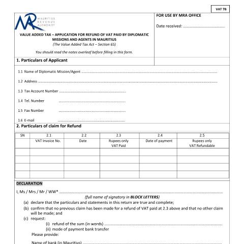 Document preview: VAT 7B / Notes — Document, Mauritius (CERFA n°Vat7BRefund2Diplomats)