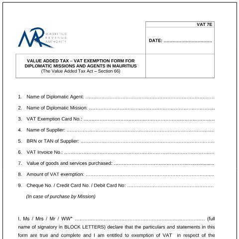 Document preview: VAT 7E — Document, Mauritius (CERFA n°VAT7E)