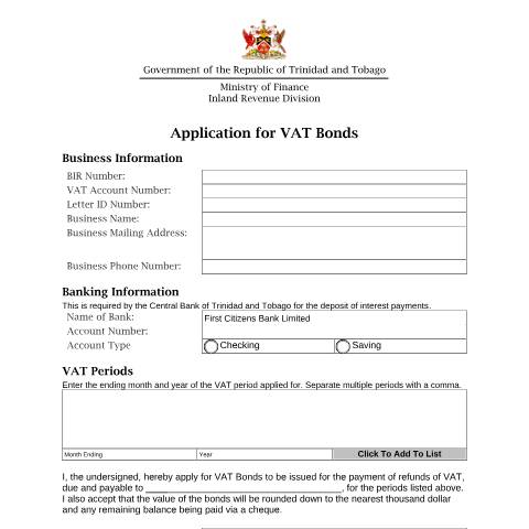 Document preview: Application for VAT Bonds — Form, Trinidad & Tobago (CERFA n°VAT Bond Application)