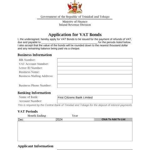 Document preview: Application for VAT Bonds (Updated 01/2025) — Form, Trinidad & Tobago (CERFA n°VAT Bond Application)