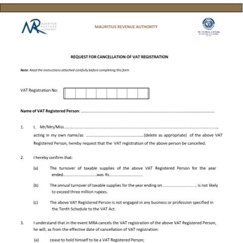 Document preview: Application Form for Cancellation of VAT Registration — Form, Mauritius (CERFA n°VATCancellationForm)