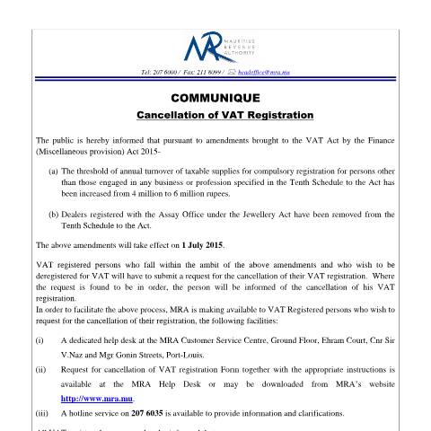 Document preview: Cancellation of VAT Registration (29.06.15) — Document, Mauritius (CERFA n°VATCancellation290615)